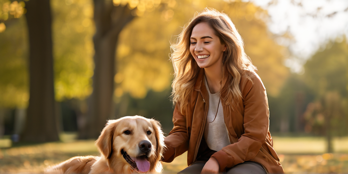 Woman training her golden retriever outdoors in warm sunlight — Brain Training for Dogs review banner