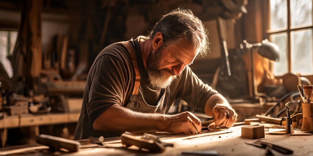 Craftsman working on a detailed wooden project in a bright, cozy workshop — Ted’s Woodworking review banner